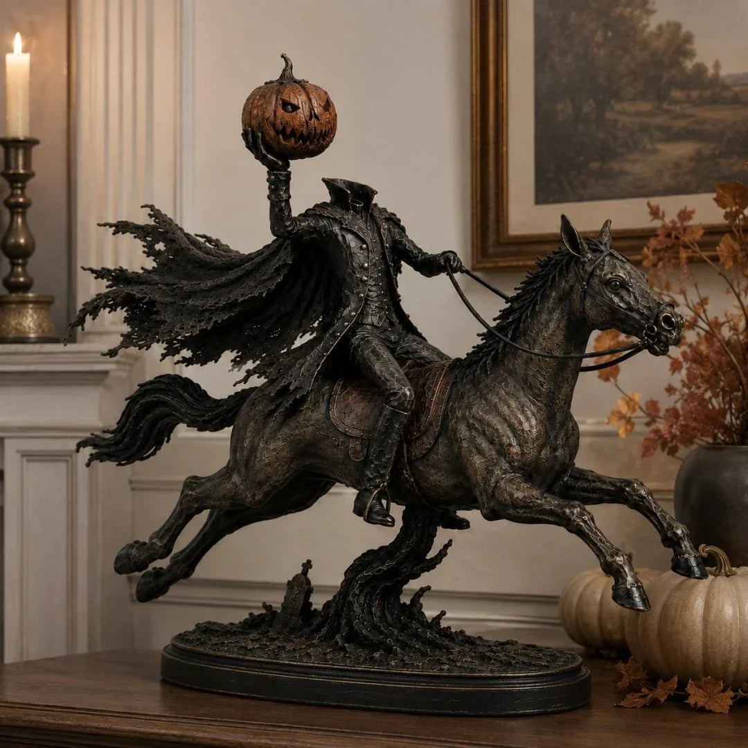 Headless Horseman Halloween statue with glowing jack-o-lantern on fireplace mantel
